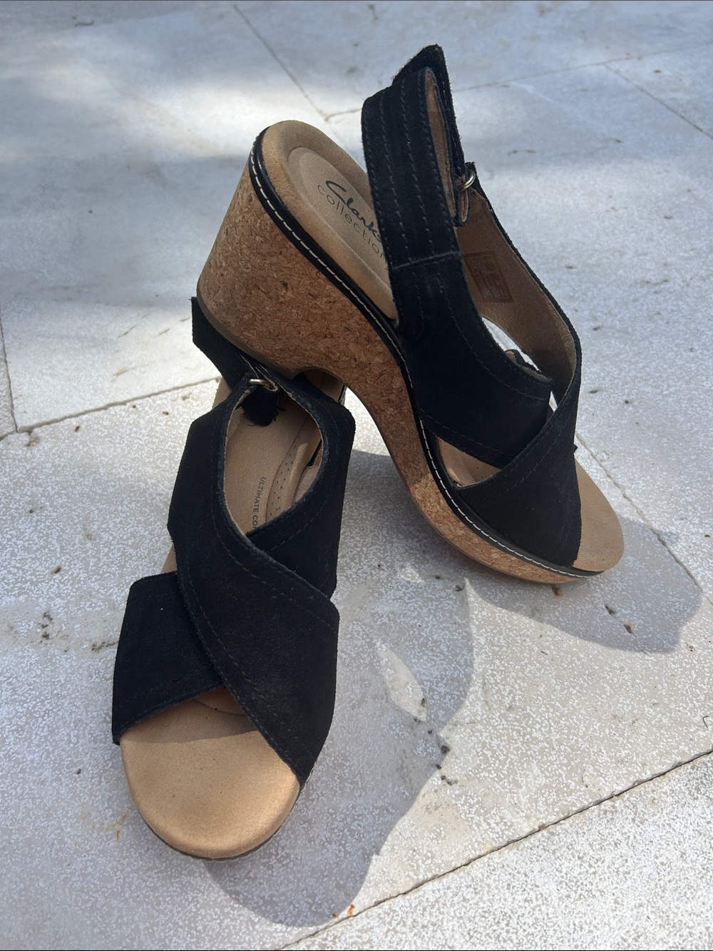 Clarks Black Suede Crisscross Wedge Sandal